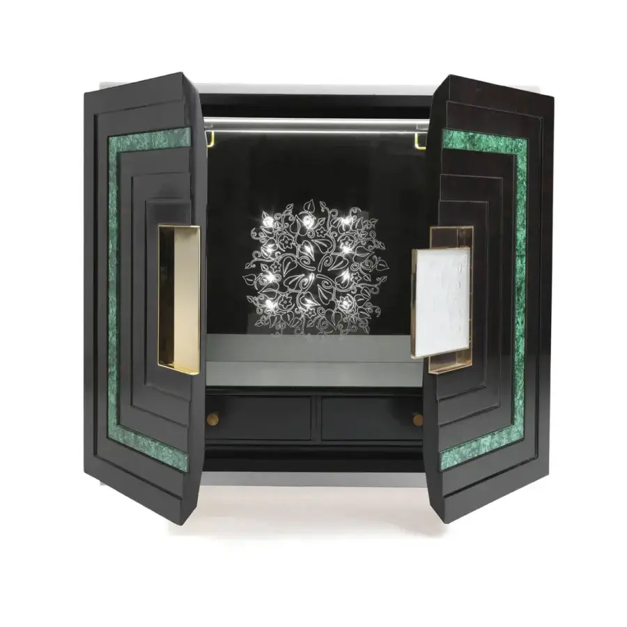 Exclusive Zanaboni B/5080 bar cabinet crafted in dark ebony wood with vibrant malachite stone inlays and polished brass accents