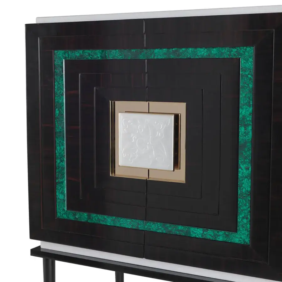 Superior Zanaboni B/5080 bar cabinet crafted in dark ebony wood with malachite stone inlay and polished brass accents with a glossy finish