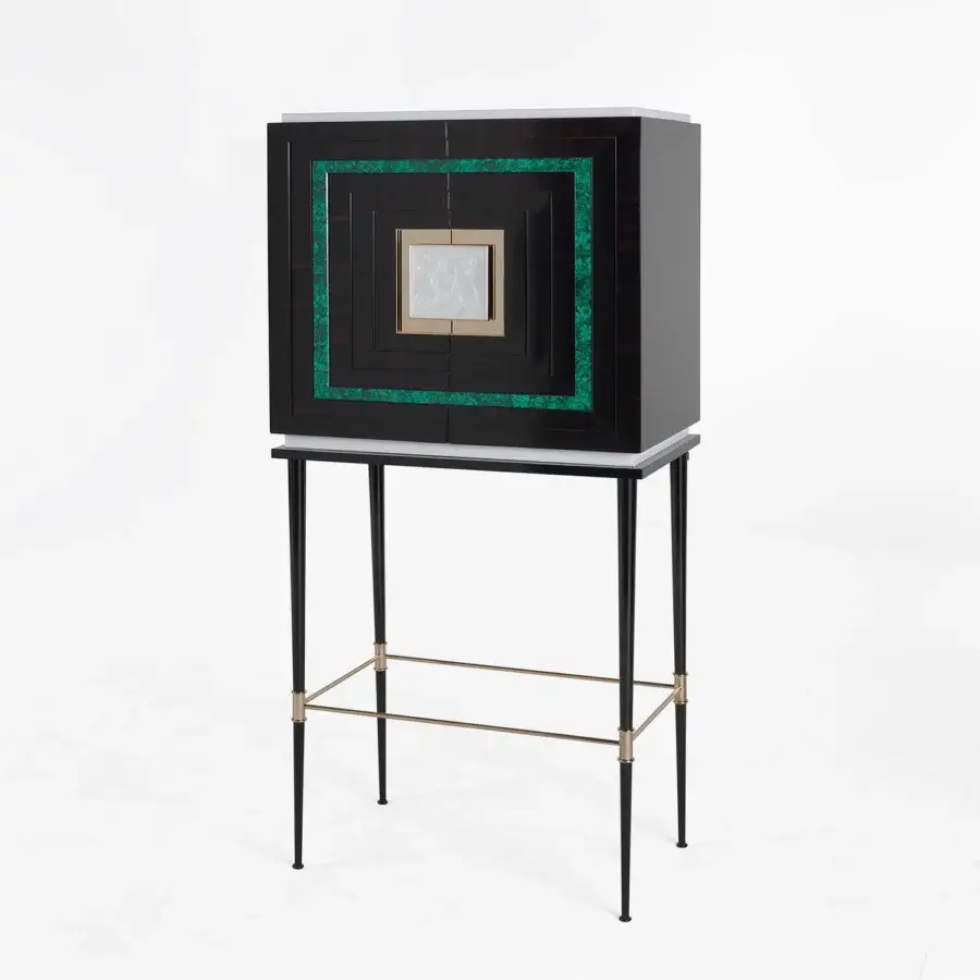Elegant Zanaboni B/5080 bar cabinet crafted in dark ebony wood with malachite stone inlay and luminous frosted glass accents