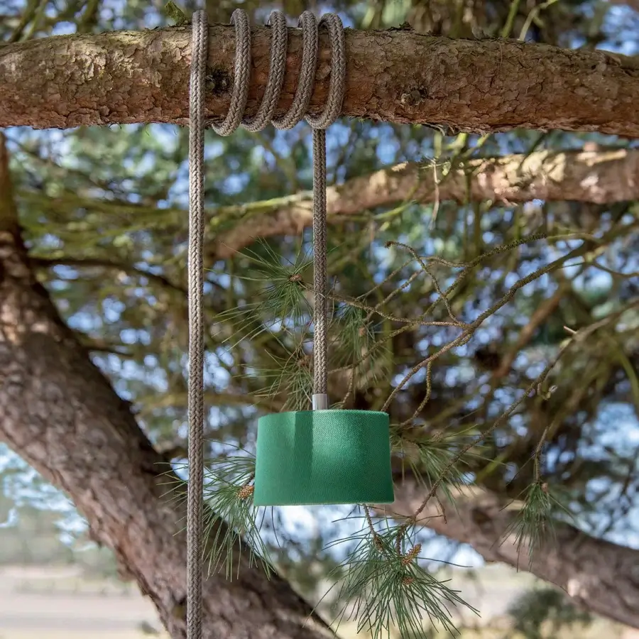 Superior Ethimo Gaia suspension lamp with a satin metallic body and vibrant green textile shade offering adaptable illumination