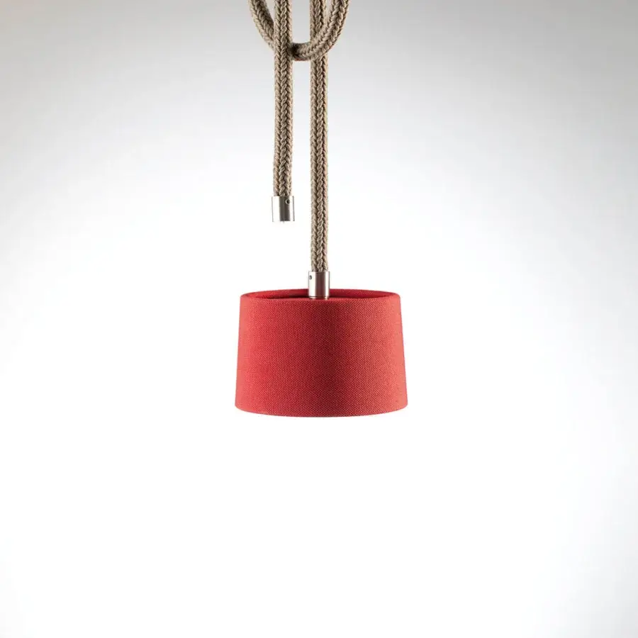 Exceptional Ethimo Gaia suspension lamp with a textured red woven fabric shade and natural beige braided cord crafted in Italy with a matte finish