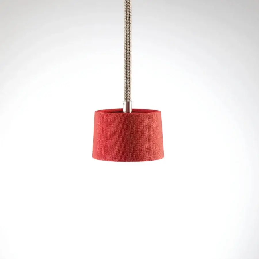 Superior Ethimo Gaia suspension lamp with a red textured textile shade and light grey braided cord crafted in Italy with a matte finish
