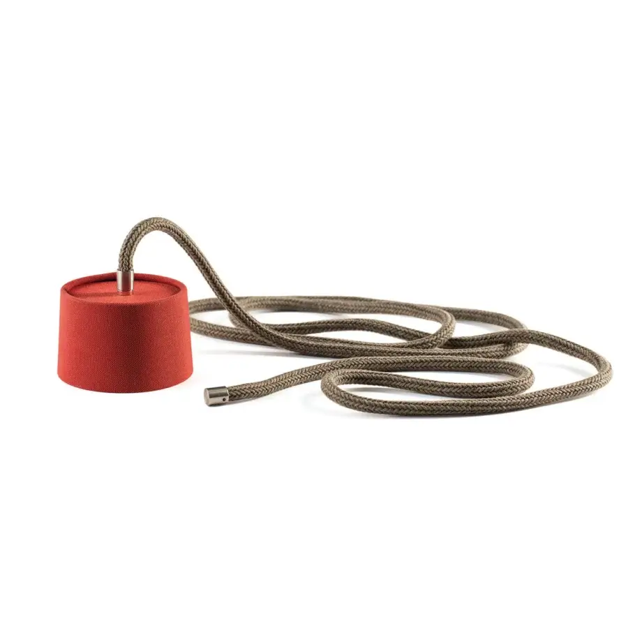Elegant Ethimo Gaia suspension lamp with a red textured fabric shade and natural unwired rope cable crafted in Italy with a brushed metallic finish