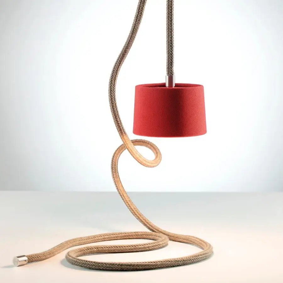 Exceptional Ethimo Gaia suspension lamp with natural rope and a vibrant red textile shade in a matte finish