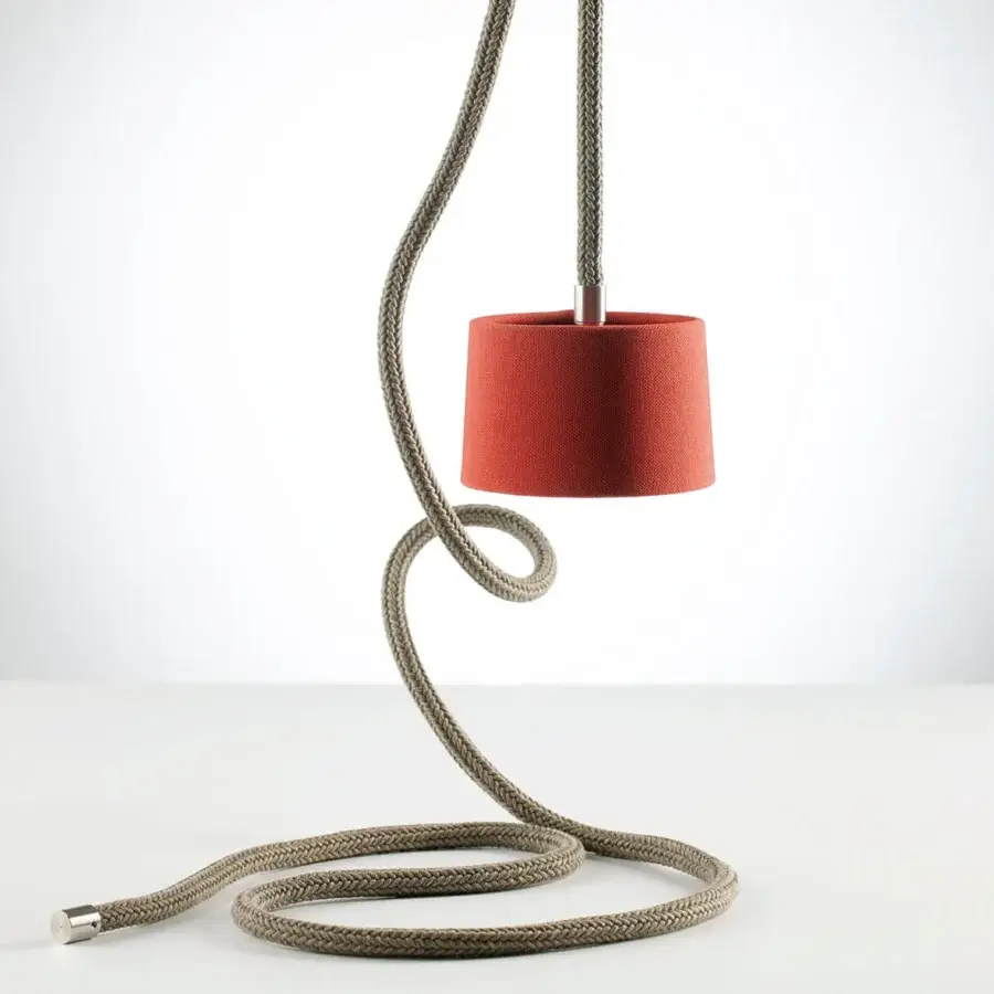 Superior Ethimo Gaia suspension lamp with textured unwired rope and reddish-brown textile shade crafted for outdoor use