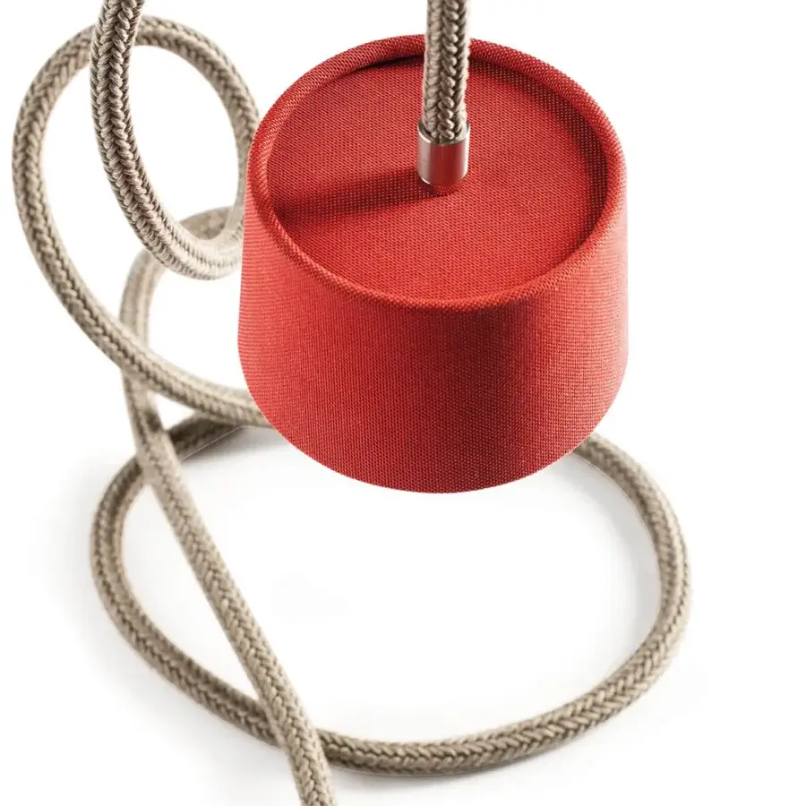 Elegant Ethimo Gaia suspension lamp with a red textured fabric shade and natural unwired rope construction in a matte finish