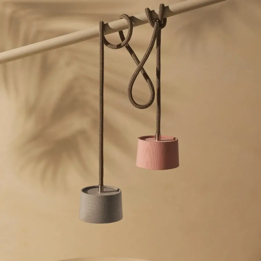 Distinctive Ethimo Gaia suspension lamp with a dusty rose roughly textured shade and natural unwired rope crafted in Italy