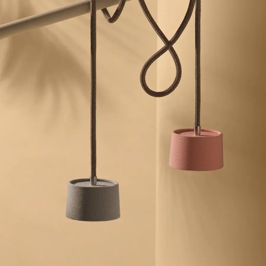 Elegant Ethimo Gaia suspension lamp with a textured matte shade and natural unwired rope crafted in Italy