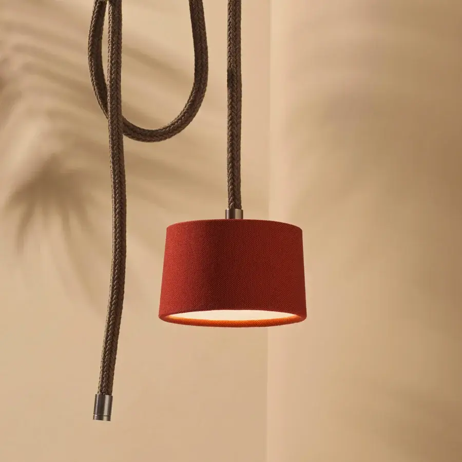 Distinguished Ethimo Gaia suspension lamp with a rich red textured textile shade and natural unwired rope crafted in Italy with a matte finish