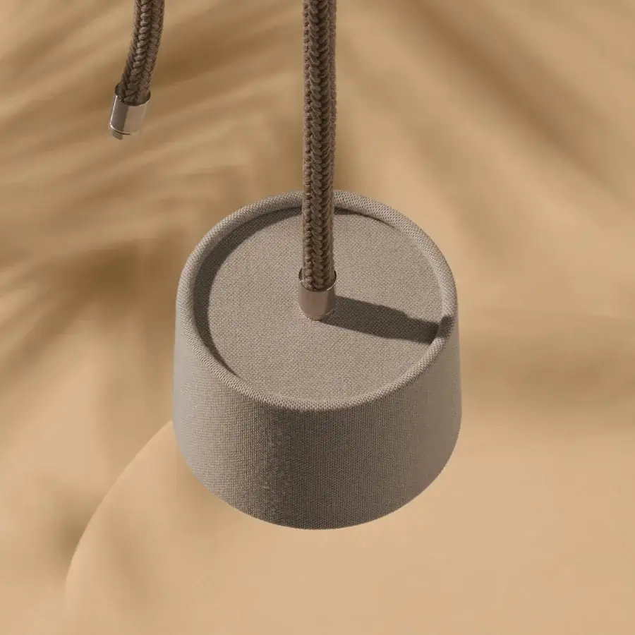 Exceptional Ethimo Gaia suspension lamp with a textured matte grey-beige fabric shade and warm brown woven cord crafted in Italy
