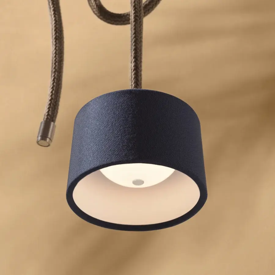 Superior Ethimo Gaia suspension lamp with a textured dark blue textile shade and matte base crafted with an unwired natural rope