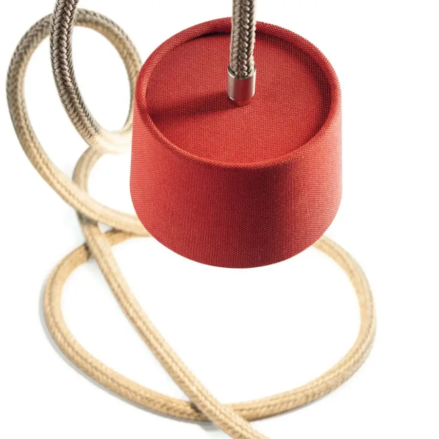 Exclusive Ethimo Gaia suspension lamp with a reddish-brown fabric shade and natural unwired rope crafted in Italy