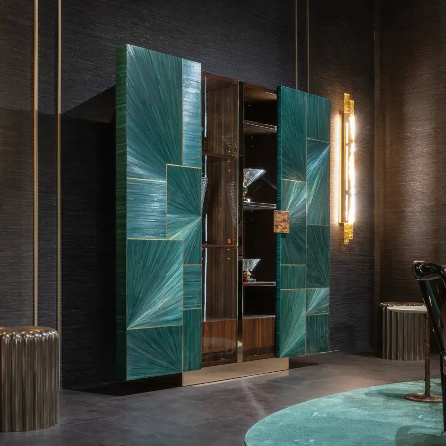 Exceptional Zanaboni B/5380 cupboard with brass inlays, a petrol straw finish and polished eucalyptus wood interior illuminated by integrated lighting
