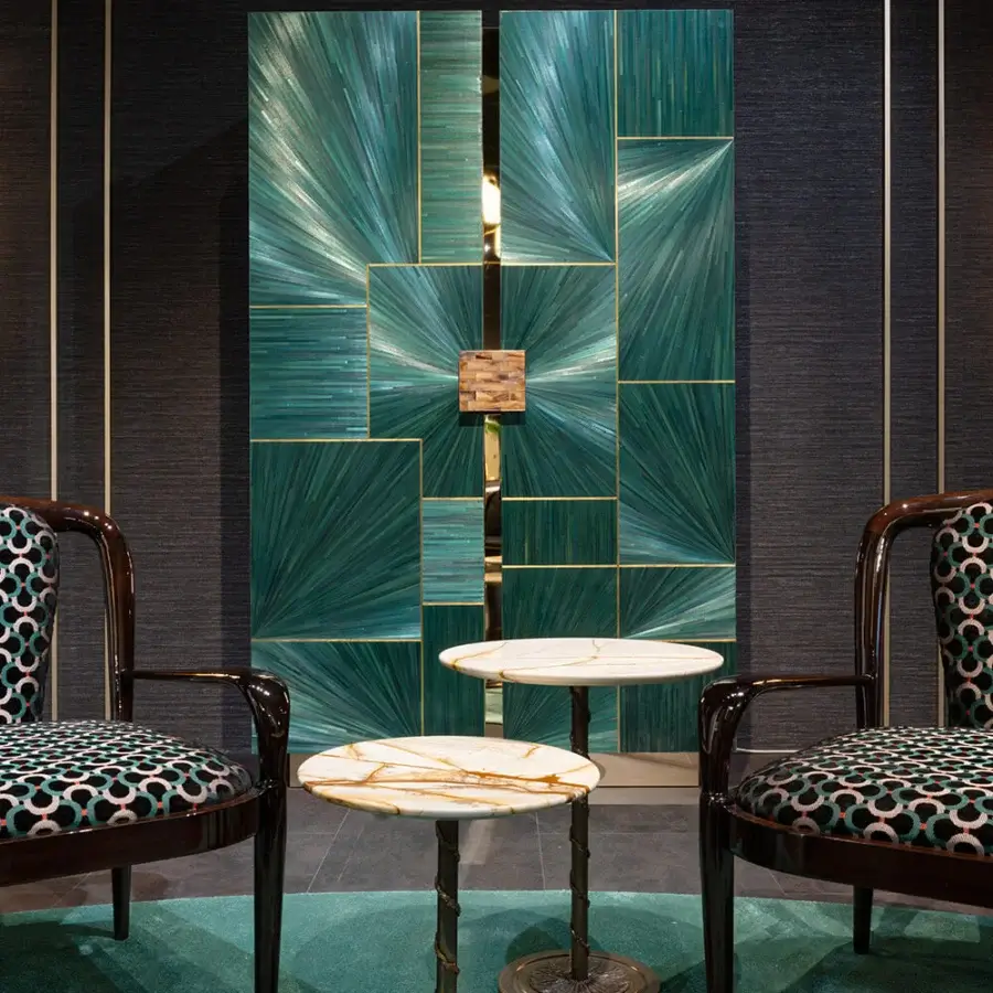 Luxury Zanaboni B/5380 cupboard crafted with polished eucalyptus wood, geometric brass inlays and a petrol straw finish