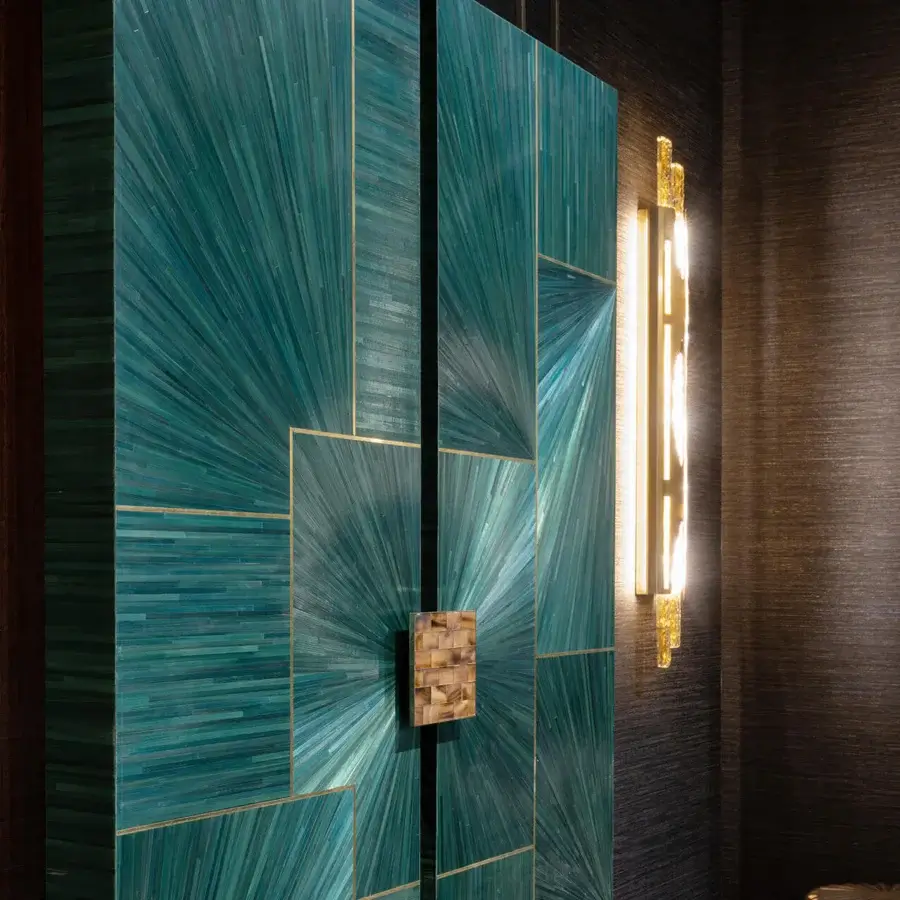 Superior Zanaboni B/5380 cupboard with petrol straw finish, brass inlays and polished eucalyptus wood interior