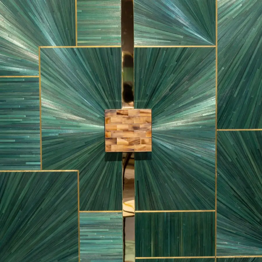 Distinguished Zanaboni B/5380 cupboard crafted with petrol straw finish, brass inlays and a custom horn-enriched brass handle
