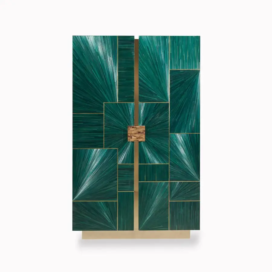 Exceptional Zanaboni B/5380 cupboard crafted in petrol straw with brass inlays, horn-enriched handle and polished eucalyptus wood interior