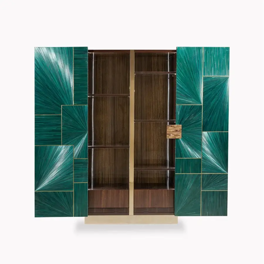 Luxury Zanaboni B/5380 cupboard crafted in petrol straw with brass inlays, deep teal tiles and satin wood frame