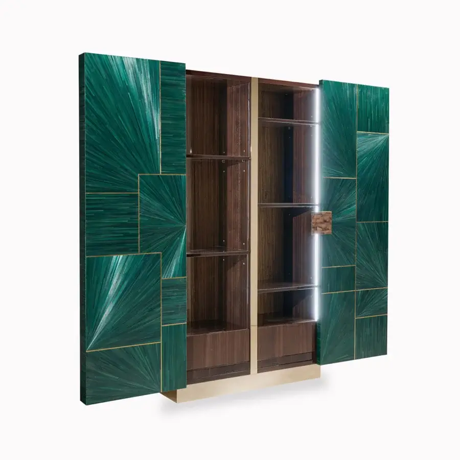 Superior Zanaboni B/5380 cupboard crafted in petrol straw with brass inlays, showcasing polished eucalyptus wood and integrated LED lighting