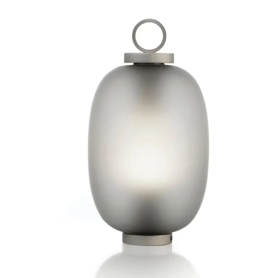 Superior Ethimo Lucerna table lamp with ovoid form in translucent frosted glass and satin-finish metal accents