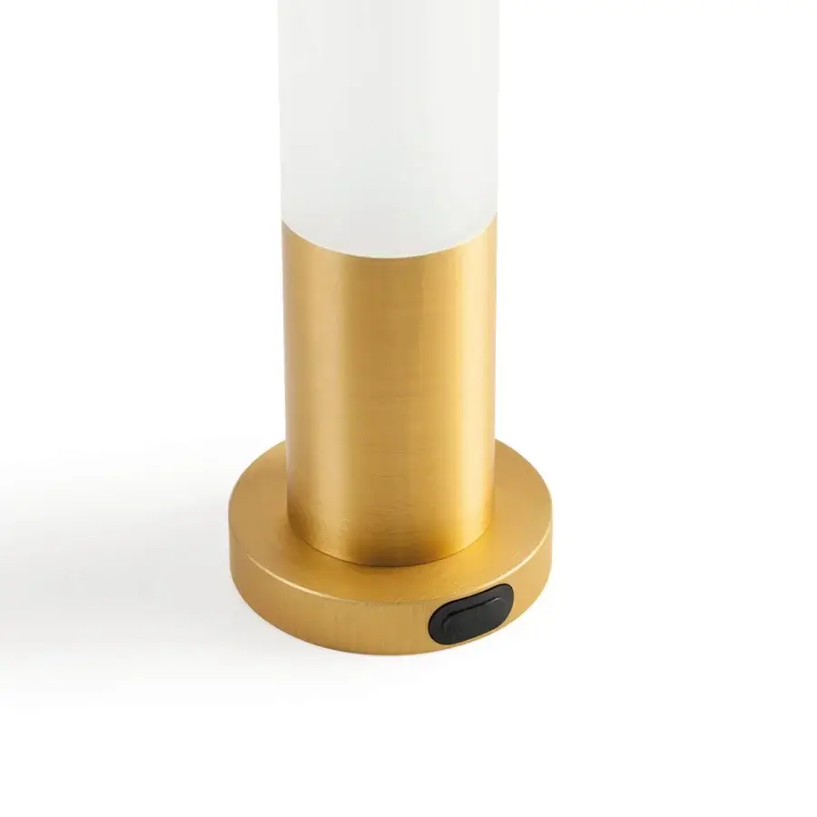 Distinguished Ethimo Lucerna table lamp with golden metal and translucent white upper cylinder crafted with a satin finish