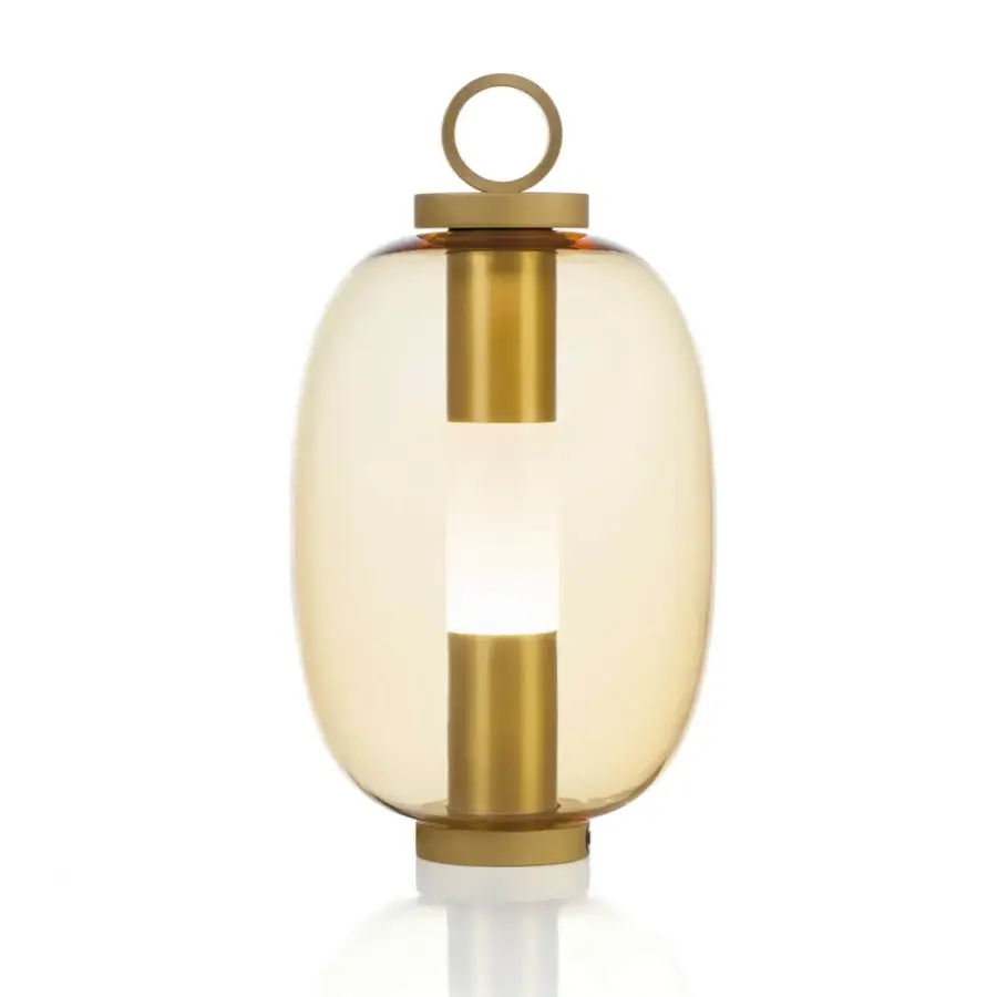 Distinguished Ethimo Lucerna lamp with elongated glass and polished brass accents for beautiful outdoor illumination