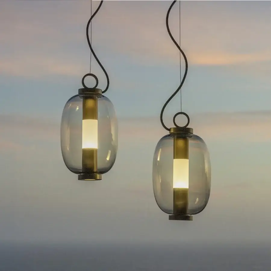 Elegant Ethimo Lucerna suspension lamp crafted in muted gray-brown glass with a refined satin metal finish