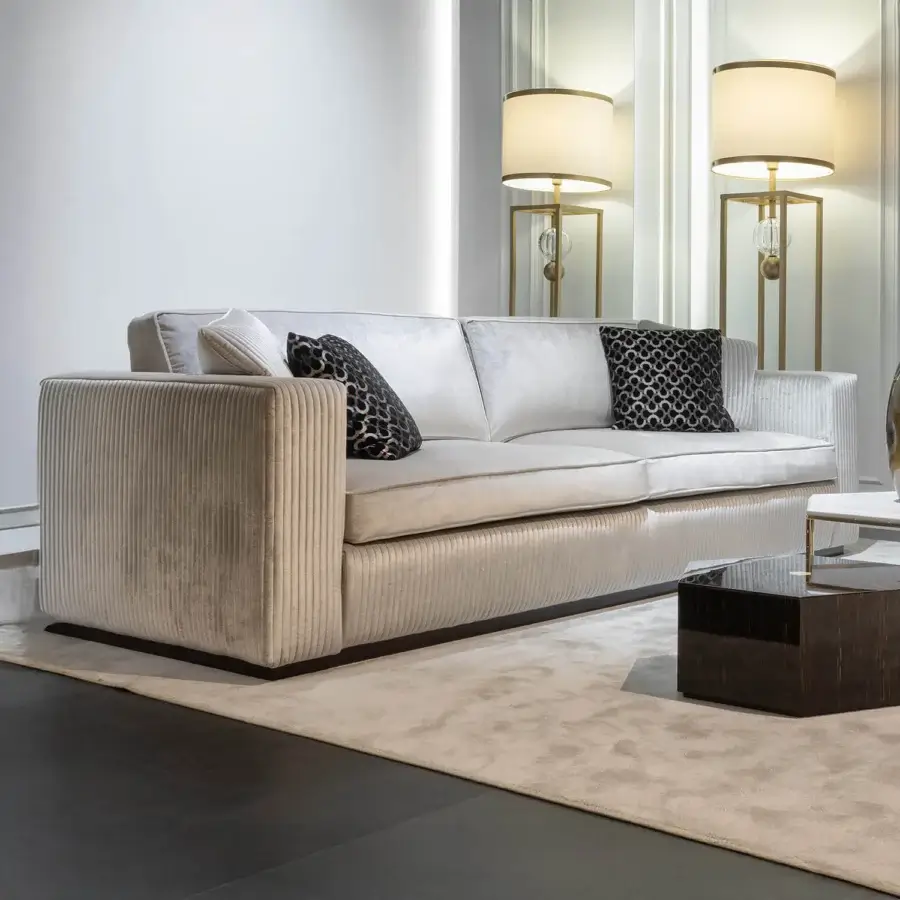 Meticulous Zanaboni Brera sofa crafted in light grey textile with embroidered vertical bands and semi-gloss ebony finish