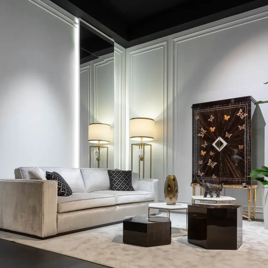 Distinguished Zanaboni Brera sofa crafted in light neutral textile with embroidered vertical bands and semi-gloss ebony finished wooden base
