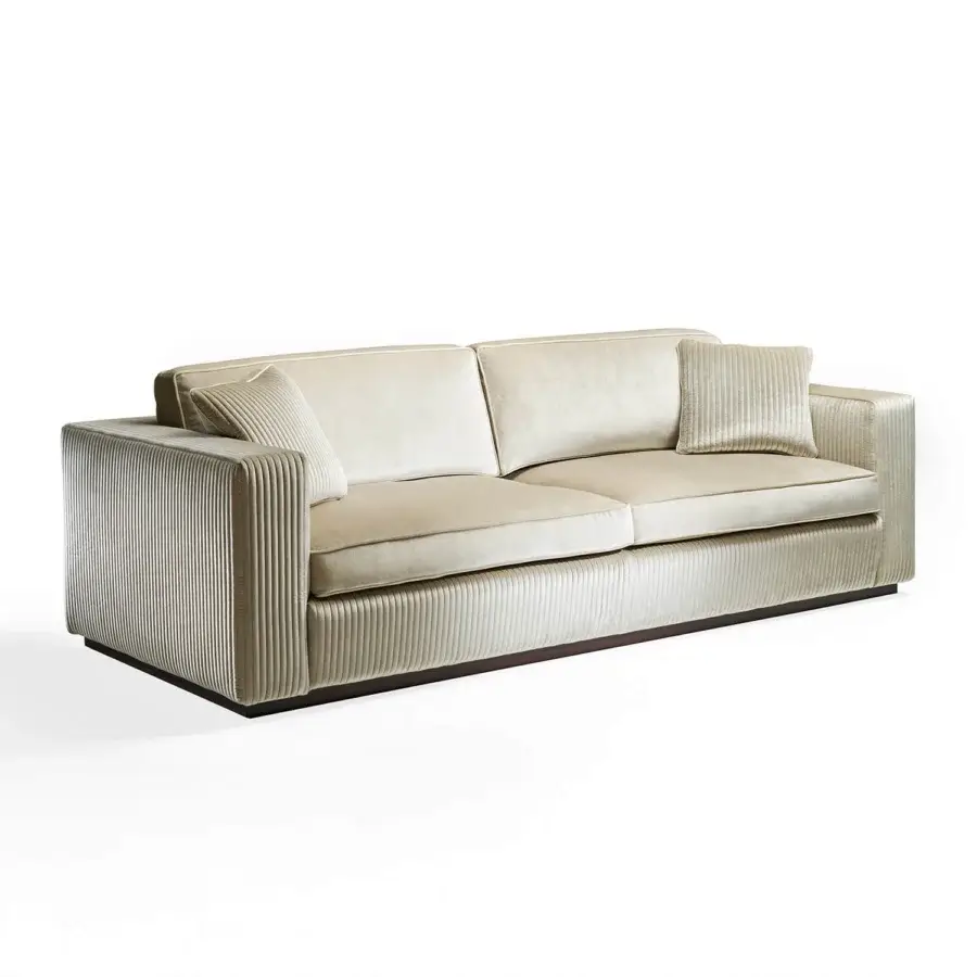 Superior Zanaboni Brera sofa crafted in pale beige velvet with meticulously embroidered vertical bands and semi-gloss ebony finish