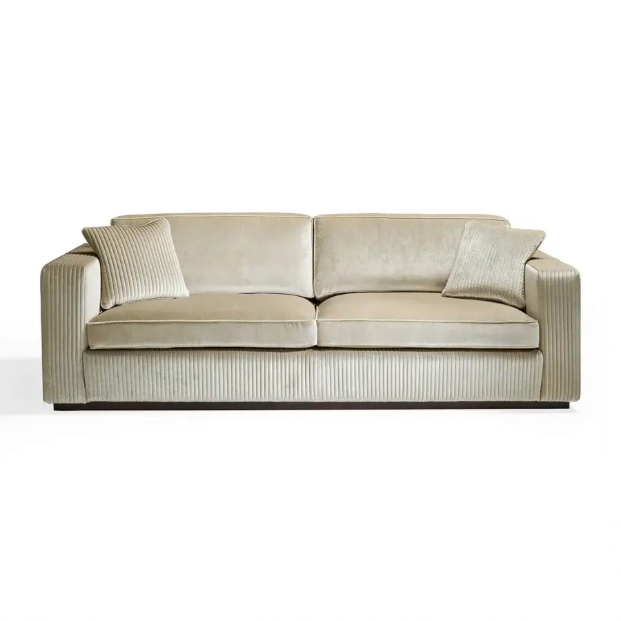 Distinguished Zanaboni Brera sofa crafted in warm beige velvet with embroidered vertical bands and semi-gloss ebony finish