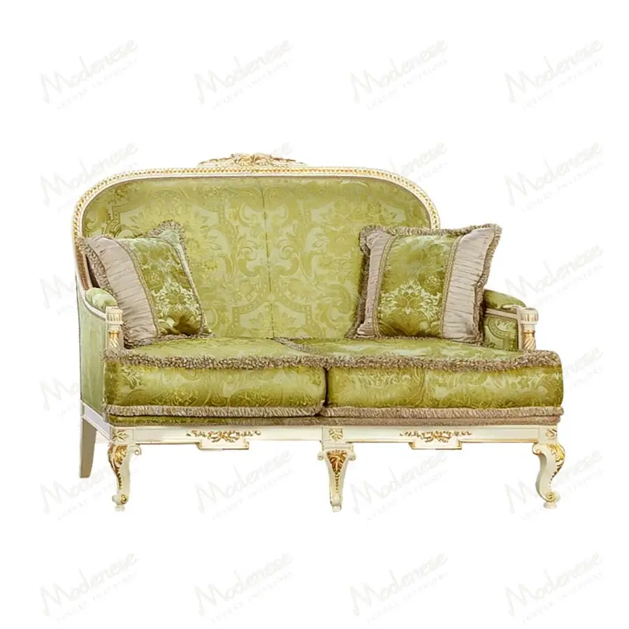 Distinguished Modenese Midnight Moon sofa crafted in Italy with pale green damask fabric and gilded accents