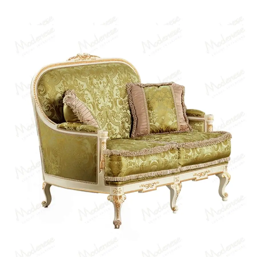 Exquisite Modenese Midnight Moon sofa handcrafted in Italy with shimmering embroidery and refined damask fabric in green and beige tones with glossy white finish