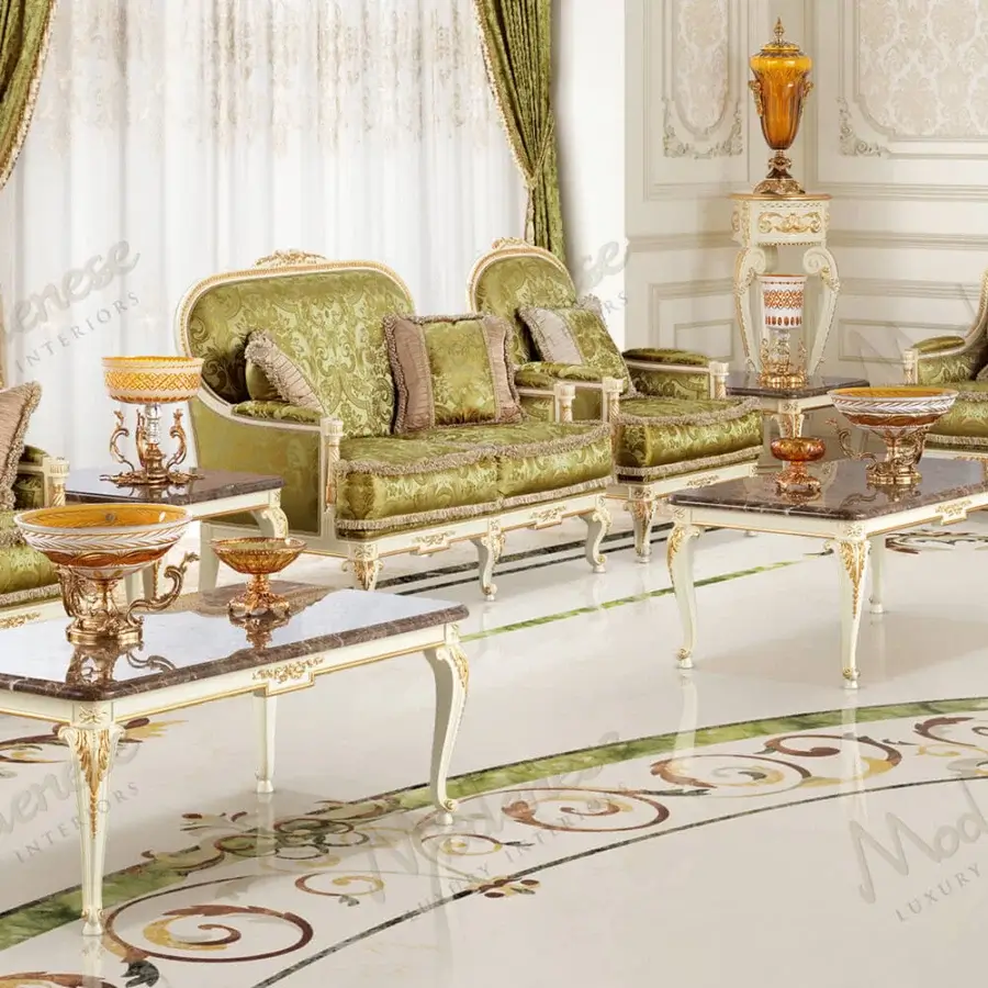 Lavish Modenese Midnight Moon sofa upholstered in muted green damask fabric with gilded wood details