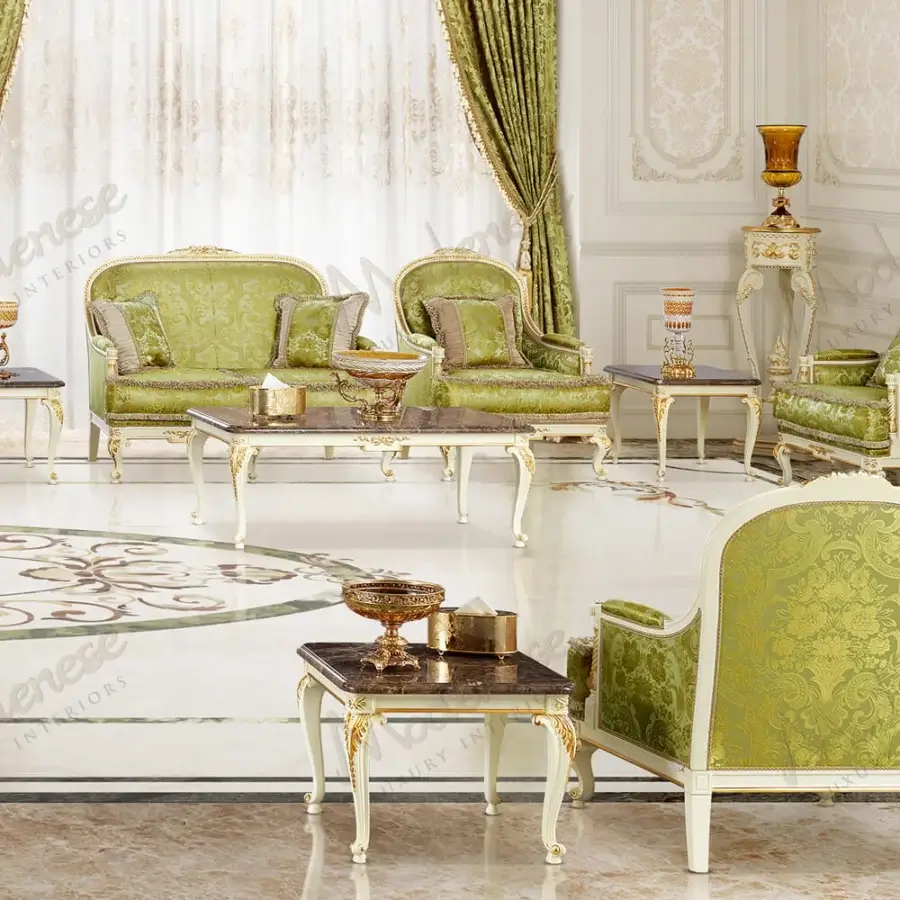 Superior Modenese Midnight Moon sofa crafted in Italy with shimmering embroidery and gilded details in muted green damask fabric