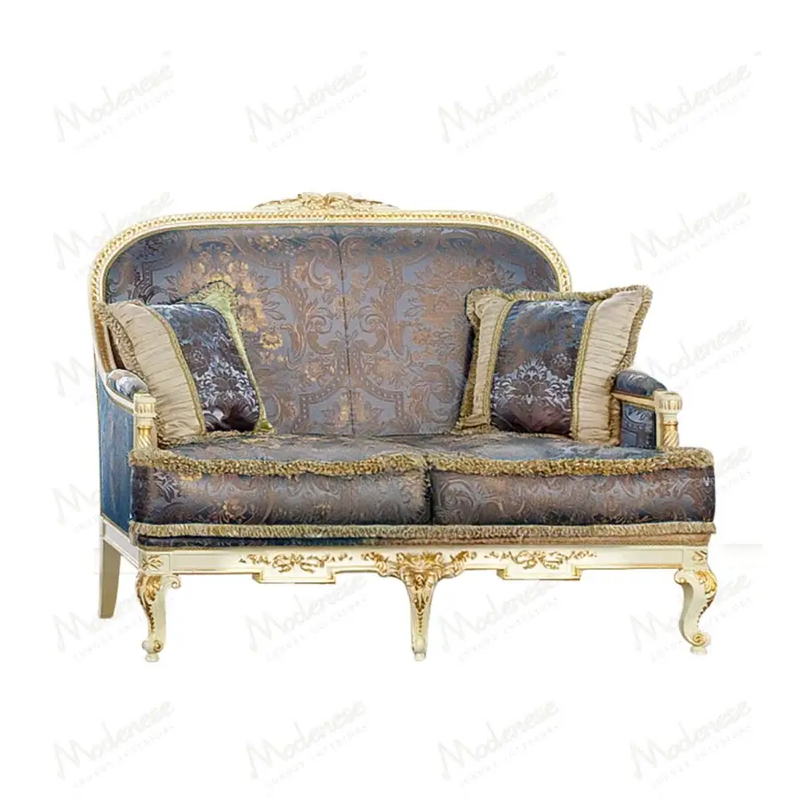 Distinguished Modenese Midnight Moon sofa handcrafted in Italy with refined damask upholstery and gilded wood finish