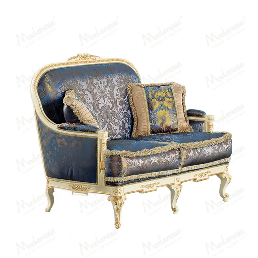 Exquisite Modenese Midnight Moon sofa crafted in Italy with dark blue damask fabric and gilded wood frame