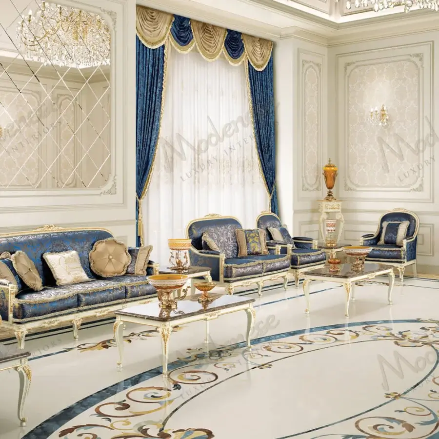 Lavish Modenese Midnight Moon sofa crafted in Italy with deep blue damask fabric and gilded, glossy wood frame
