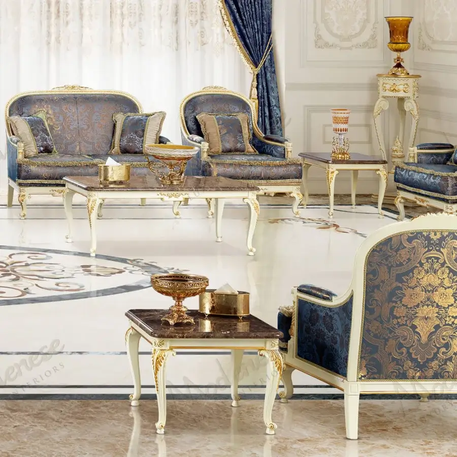 Superior Modenese Midnight Moon sofa handcrafted in Italy with blue damask fabric and shimmering gold embroidery