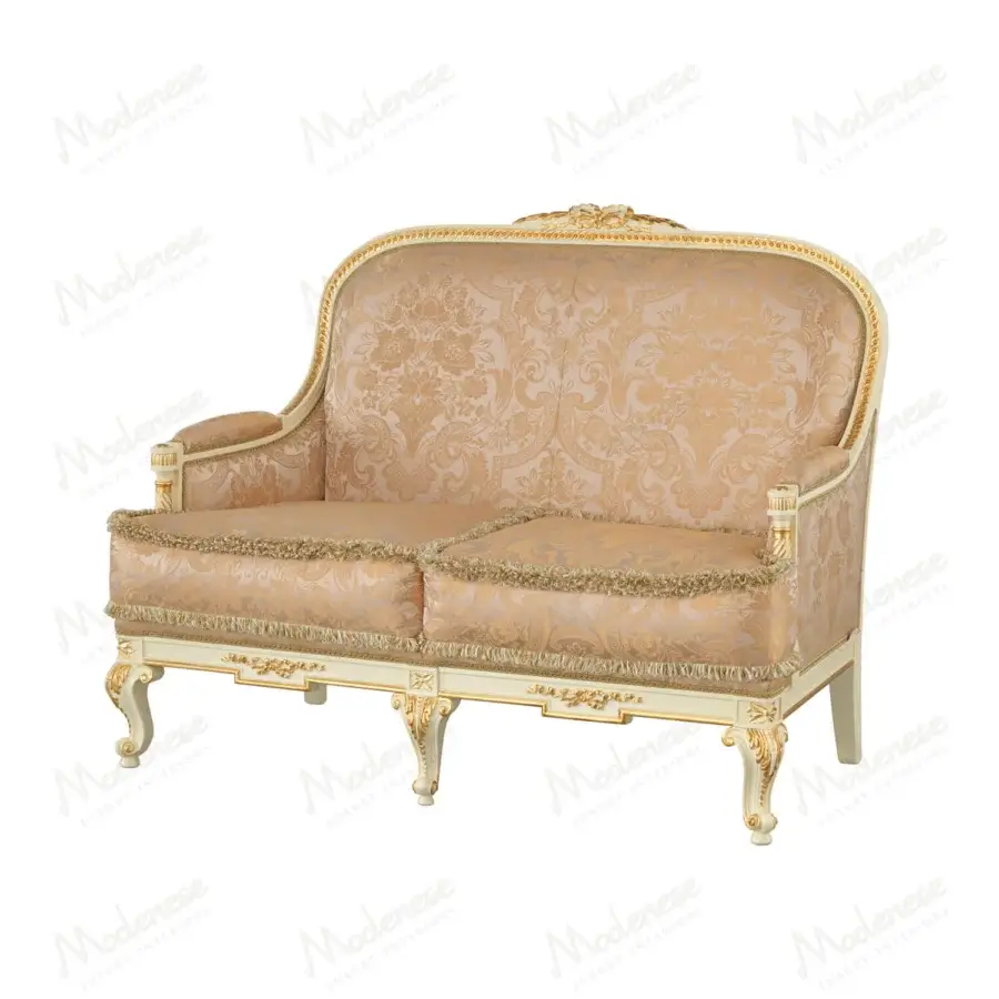 Distinguished Modenese Midnight Moon sofa crafted in Italy with peach damask fabric and gilded accents