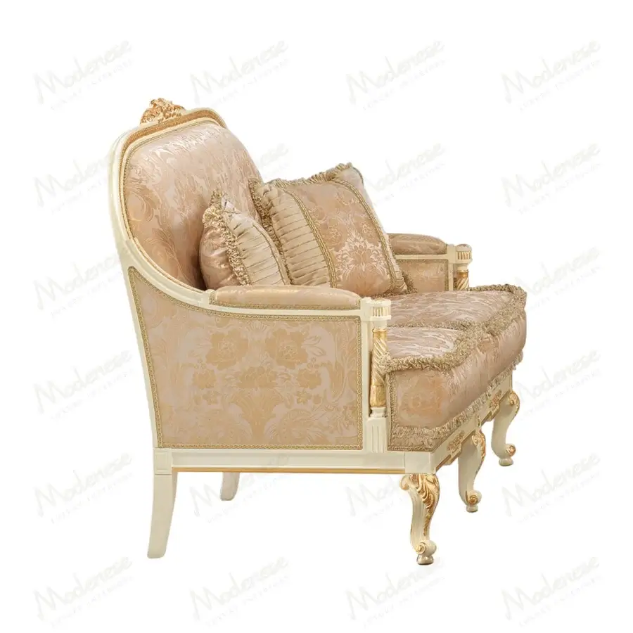Exquisite Modenese Midnight Moon sofa handcrafted in Italy with refined damask fabric and shimmering gilded details