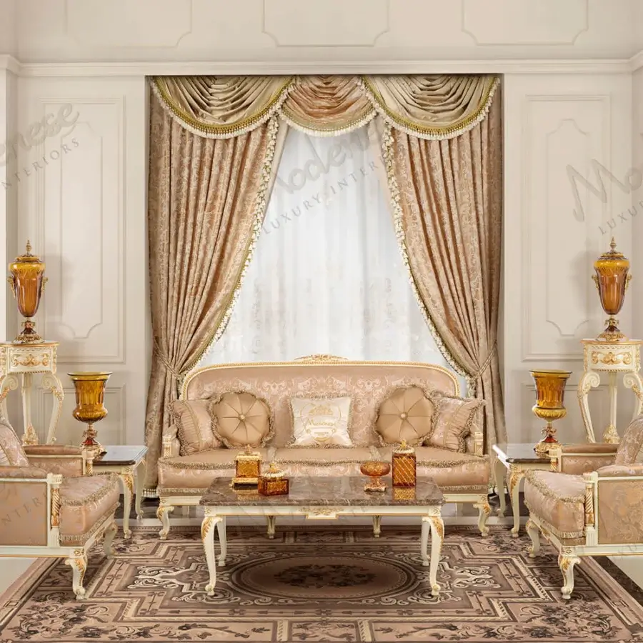 Lavish Modenese Midnight Moon sofa handcrafted in Italy with creamy white damask fabric and shimmering gilded embroidery
