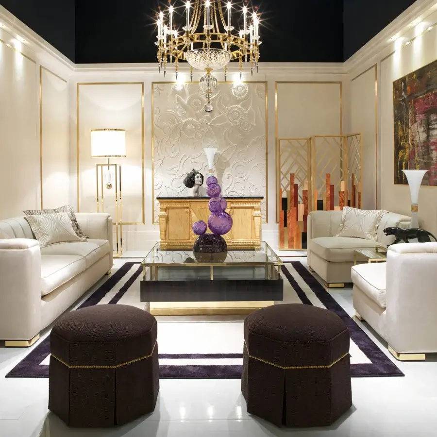Superior Zanaboni Magritte sofa with channeled backrest and smooth matte light beige velvet upholstery with gold feet