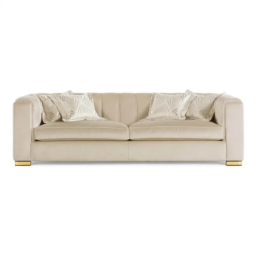 Exceptional Zanaboni Magritte sofa with enveloping silhouette in plush neutral beige velvet and gold-finish metal feet