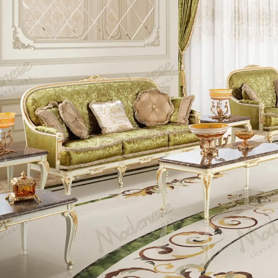 Exceptional Modenese Midnight Moon sofa with olive green fabric upholstery, hand-carved wood built with cream and gold leaf finish