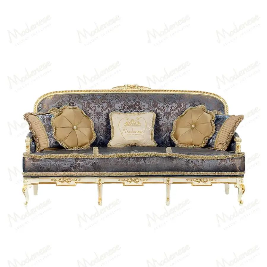 Distinguished Modenese Midnight Moon sofa upholstered in dark blue fabric with intricate gold and cream embroidery and gold leaf accents