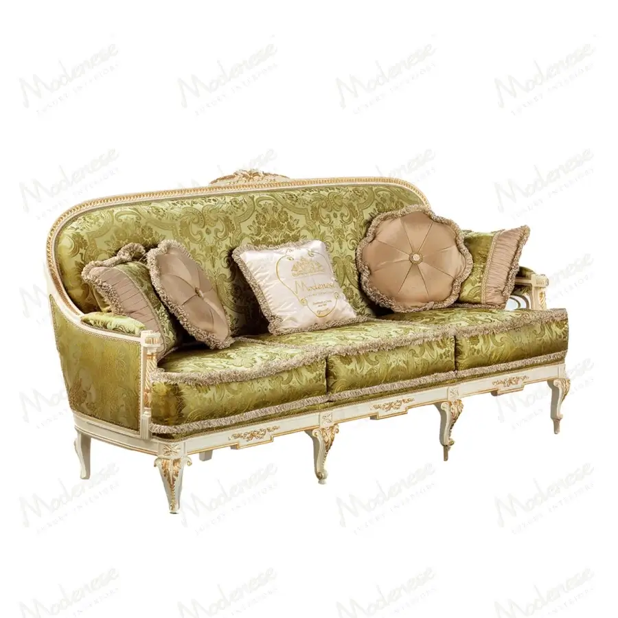 Superior Modenese Midnight Moon sofa upholstered in sumptuous green fabric with gold accents and hand-carved glossy white wood frame