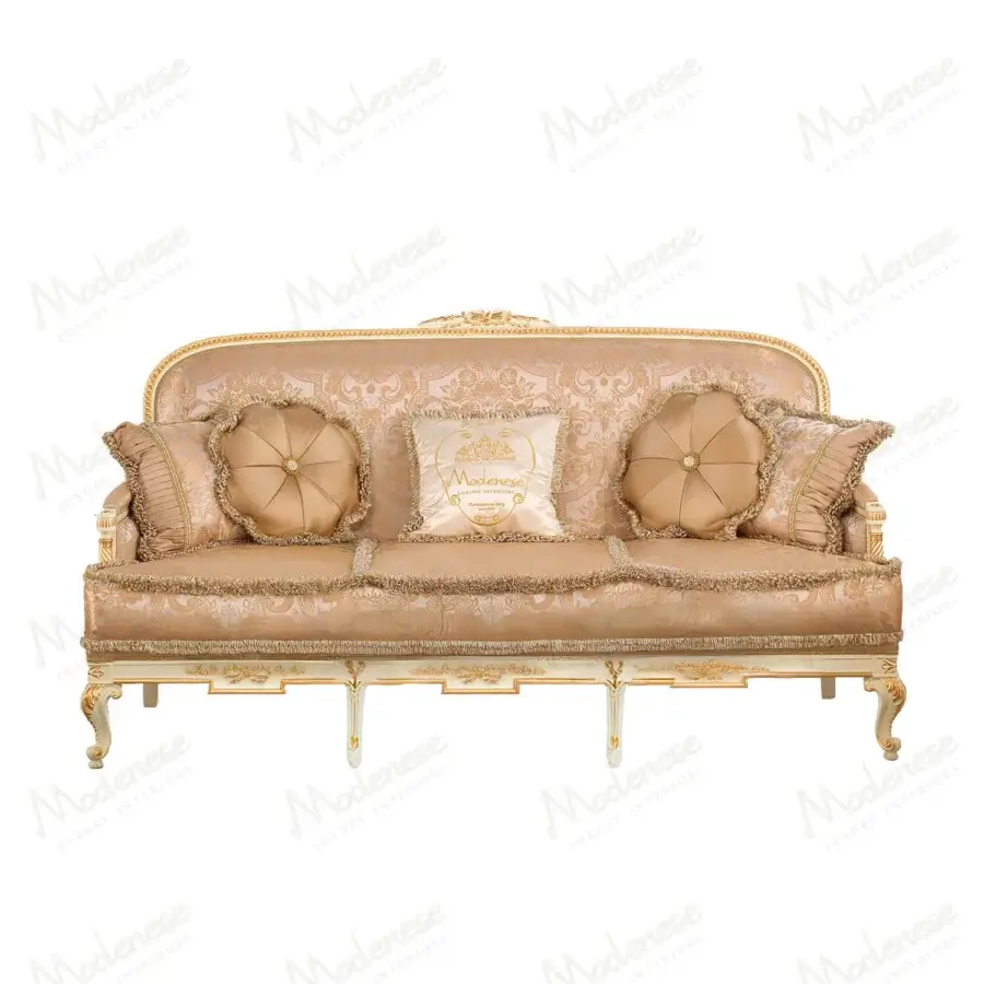 Distinguished Modenese Midnight Moon sofa upholstered in beige, gold, and rose fabric with hand-carved gilded wooden frame