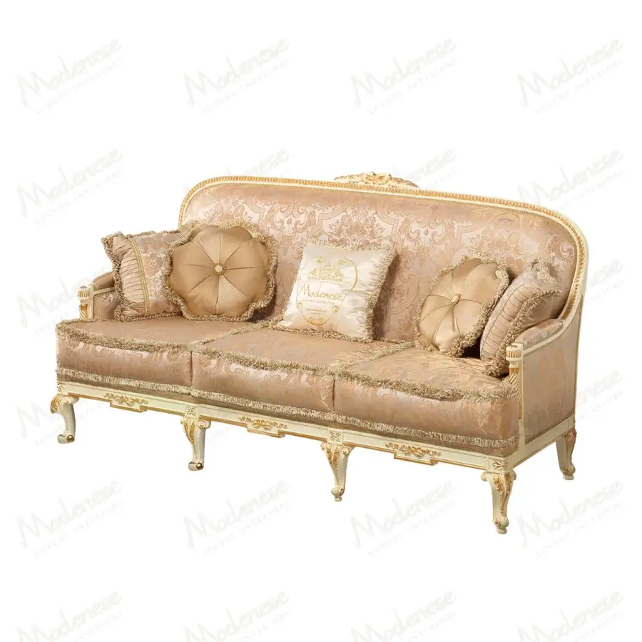 Exceptional Modenese Midnight Moon sofa upholstered in cream and pale gold fabric with hand-carved wood and gold leaf accents