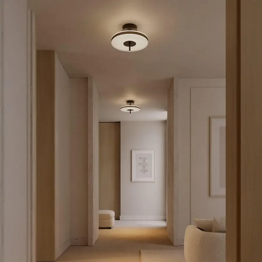 Superior VENICEM Soul ceiling lamp with dual luminous discs of layered satin glass and metal diffusers in matte black finish